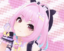 a close up of a girl with pink hair and a black bow