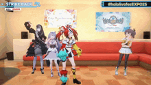 a group of anime characters are standing in front of a red couch and a sign that says color age harmony