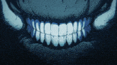 a close up of a monster 's teeth with horns in the background