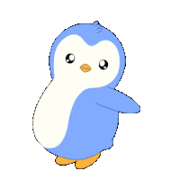 a blue and white penguin is waving its arm