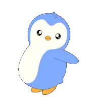 a blue and white penguin is waving its arm