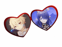 two hearts with a picture of a boy and a girl inside of them