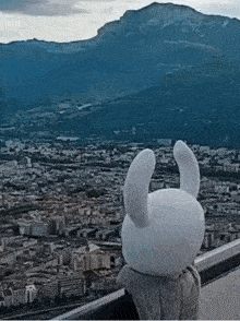 a person wearing a bunny costume looks out over a city and mountains