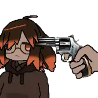 a pixel art of a person pointing a gun at a girl