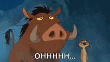 a cartoon pig and a meerkat from the lion king are standing next to each other and talking .