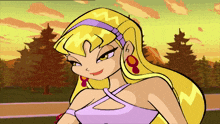 a cartoon drawing of a girl with a purple headband