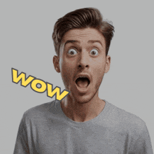 a man with a surprised look on his face has the word wow written above him