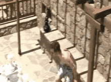 a man without a shirt is walking down a set of stairs with a dog .