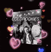 a black and white photo of the band coldpookies with hearts around them
