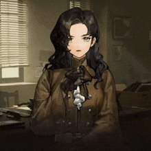 a woman in a brown jacket and black gloves stands in front of a window