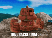a video game character named the crackerinator is standing on a rocky hillside