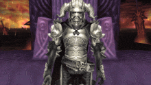 a man in armor with horns and a cape stands in front of a purple wall