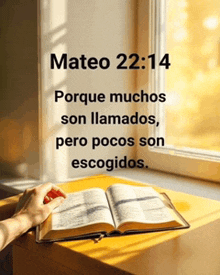 a person is reading a bible with the words mateo 22:14