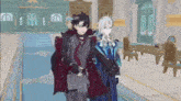 a couple of anime characters standing next to each other in a room in a video game .
