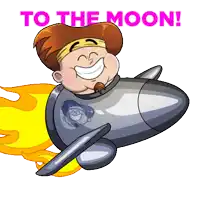 a cartoon of a man flying a rocket with the words to the moon written above him