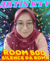 a woman wearing glasses and a hijab is on a poster that says room 500