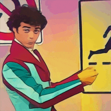 a cartoon drawing of a man holding a sign that says ' no ' on it