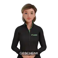 a cartoon woman wearing a simax jacket holds her hands together