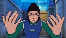 a cartoon of a person with the number 388 on their jersey