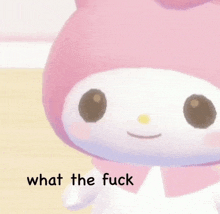 a pink and white stuffed animal with the words what the fuck written below it