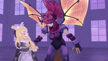 a purple and yellow cartoon character with wings standing next to a maid