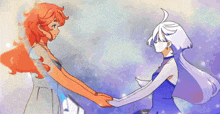 a drawing of two girls holding hands with a blue background