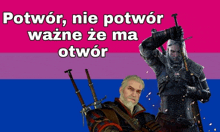 a man holding a sword stands next to another man holding a sword in front of a pink and blue background