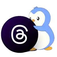 a blue penguin is holding a black ball with a white letter e on it