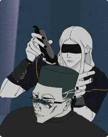 a drawing of a man getting his hair cut by a woman with a gun