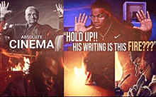 a poster for absolute cinema shows a man waving his hands