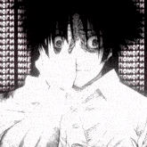 a black and white drawing of a person covering their face in front of a wall of foreign writing