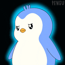 a blue and white penguin with the word pengu written below it