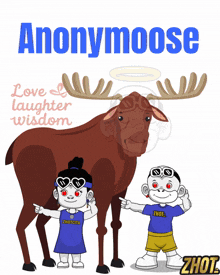 a cartoon moose with two kids standing next to it and the words anonymouse above it