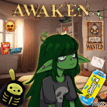 a cartoon of a girl with green hair is surrounded by various items including a box of cheerios