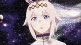 a girl with white hair and blue eyes is looking up at the stars