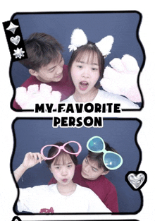 a boy and a girl are posing for a picture with the words my favorite person above them