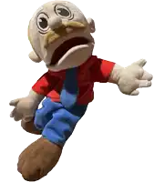 a stuffed animal with a mustache and a red shirt