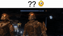 two soldiers are standing next to each other with a smiley face and a question mark