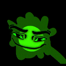 a green cartoon character with green eyes and a smile