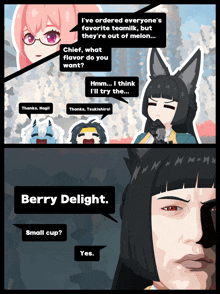 a cartoon shows a girl talking to a man and says berry delight small cup yes