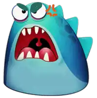 a blue cartoon character with a red mouth and teeth looks angry