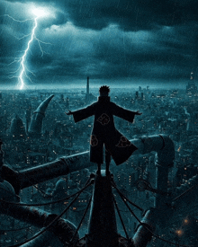 a man in an akatsuki cloak stands on top of a tower in the rain