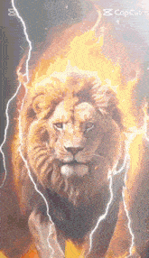 a lion is surrounded by flames and lightning with a caption that says capcut