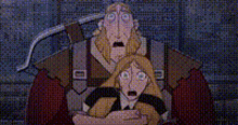 a man and a woman are standing next to each other and looking scared .