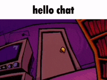 a cartoon drawing of a room with a door and the words hello chat above it