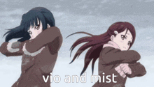 a couple of anime girls standing next to each other with the words vio and mist written on the bottom