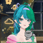 a girl with blue hair has a chat icon on her face