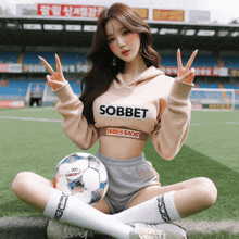 a woman wearing a sobbet sweatshirt sits on the grass with a soccer ball