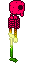 a pixel art of a skeleton with a pink skull and green feet .