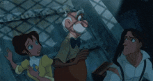 a group of cartoon characters including a man with a beard and a woman looking up